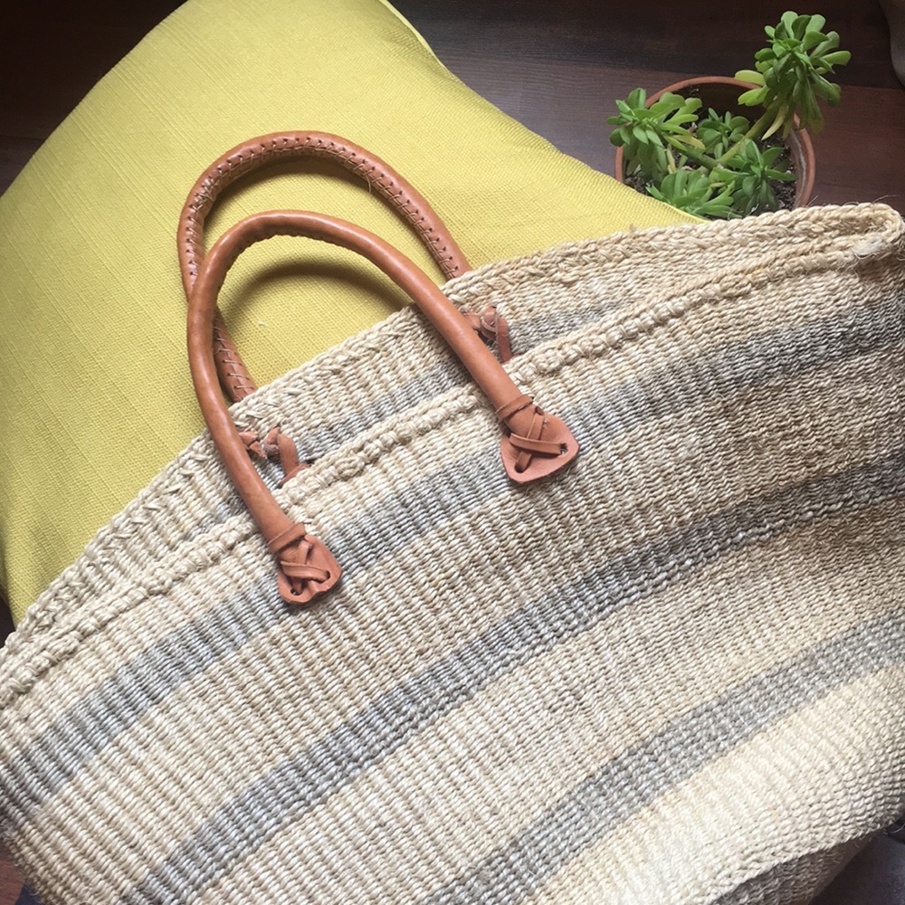 woven beach bag with genuine leather straps